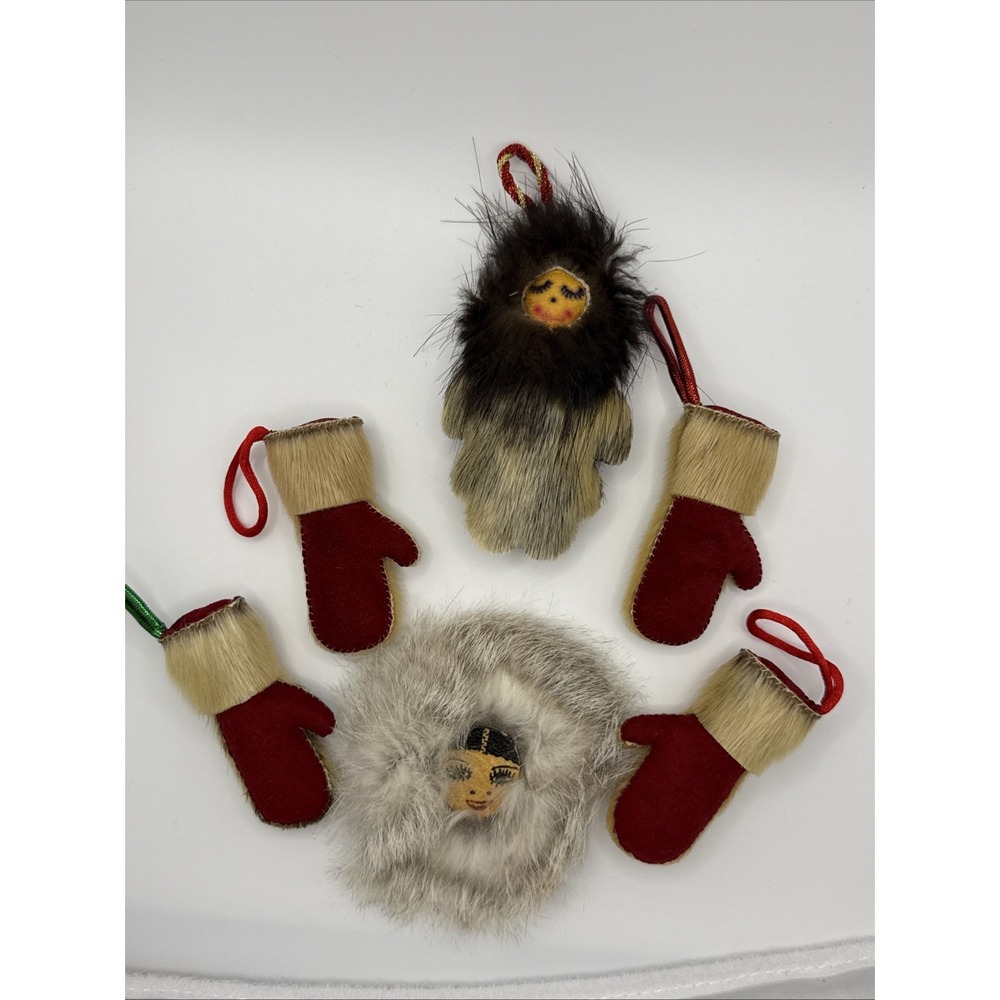 Lot of 6 Artisan Hand Crafted Leather Fur Christmas Eskimo Mitten Ornaments